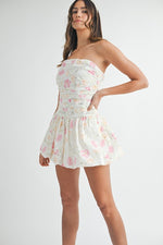 Lola Strapless Floral Ruched Bubble Hem Mini Dress