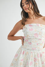 Lola Strapless Floral Ruched Bubble Hem Mini Dress