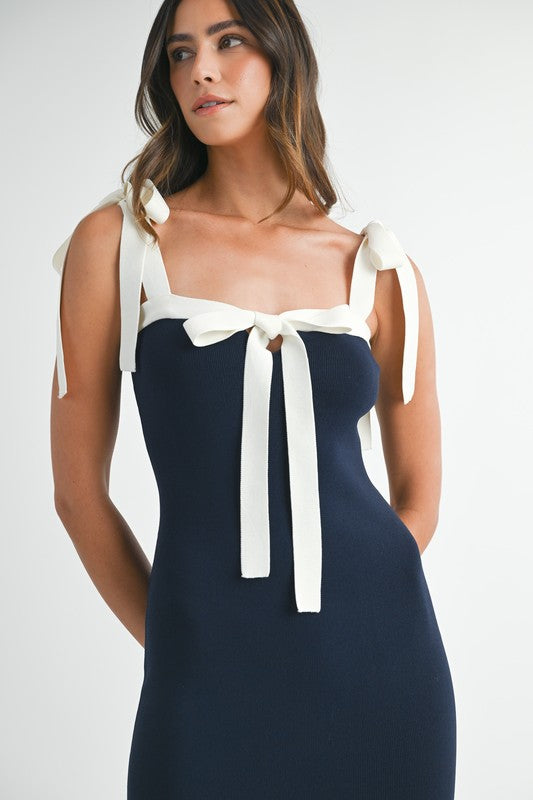 Anna Shoulder Tie Contrast Knit Midi Dress