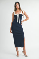 Anna Shoulder Tie Contrast Knit Midi Dress