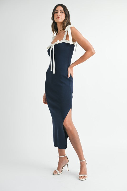 Anna Shoulder Tie Contrast Knit Midi Dress