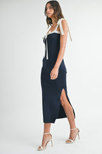 Anna Shoulder Tie Contrast Knit Midi Dress