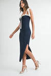 Anna Shoulder Tie Contrast Knit Midi Dress
