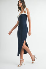 Anna Shoulder Tie Contrast Knit Midi Dress