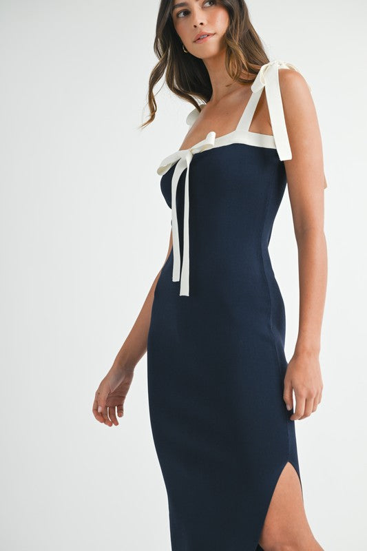 Anna Shoulder Tie Contrast Knit Midi Dress