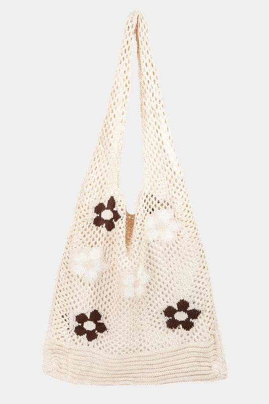 Corine Flower Detail Crochet Shoulder Bag - Brown/White