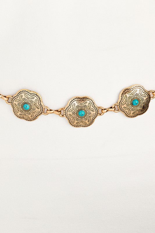 Arete Turquoise Floral Disk Western Chain Belt - Gold