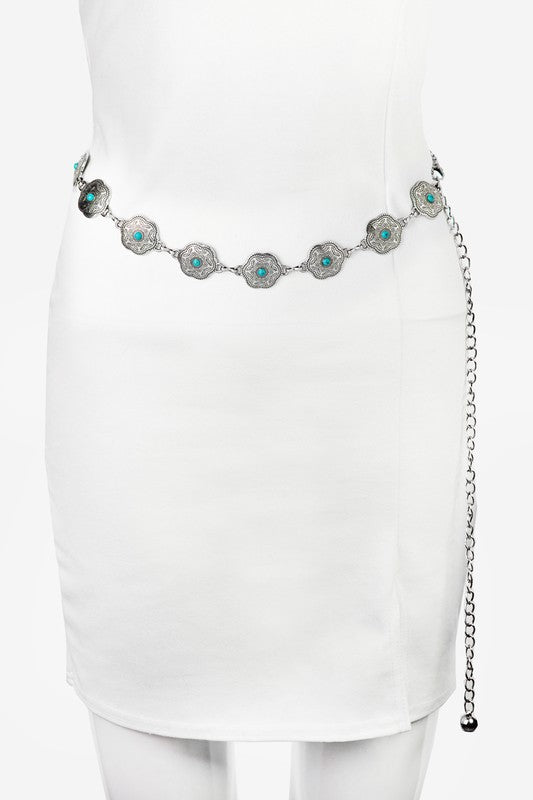 Arete Turquoise Floral Disk Western Chain Belt - Silver