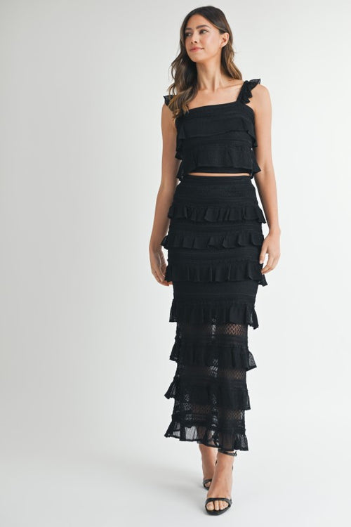 Remy Ruffle Knit Crop Top And Midi Skirt Set - Black
