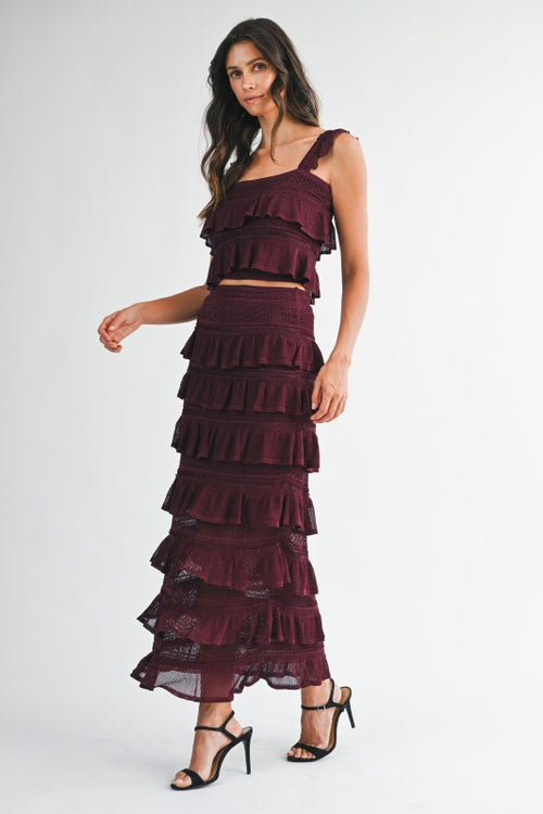 Remy Ruffle Knit Crop Top And Midi Skirt Set - Wine