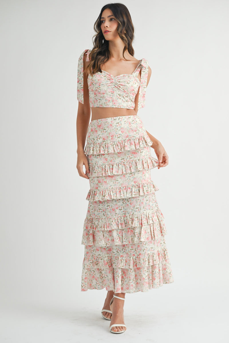 Hailey Floral Shoulder Tie Crop Top & Maxi Skirt Set - Pink Floral