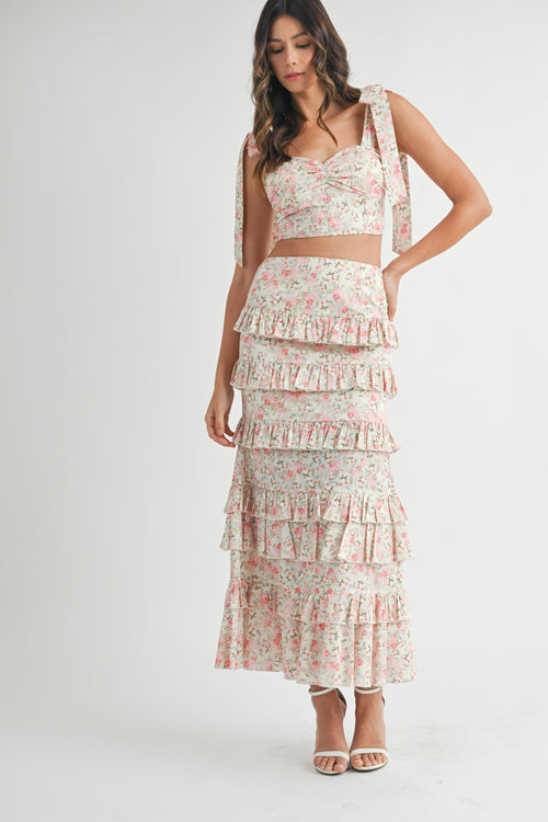 Hailey Floral Shoulder Tie Crop Top & Maxi Skirt Set - Pink Floral