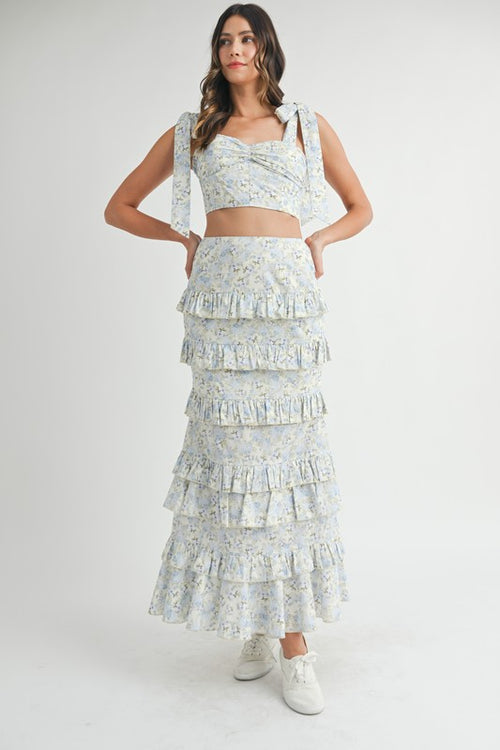 Hailey Floral Shoulder Tie Crop Top & Maxi Skirt Set - Blue Floral