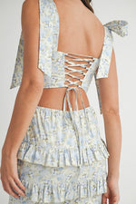 Hailey Floral Shoulder Tie Crop Top & Maxi Skirt Set - Blue Floral