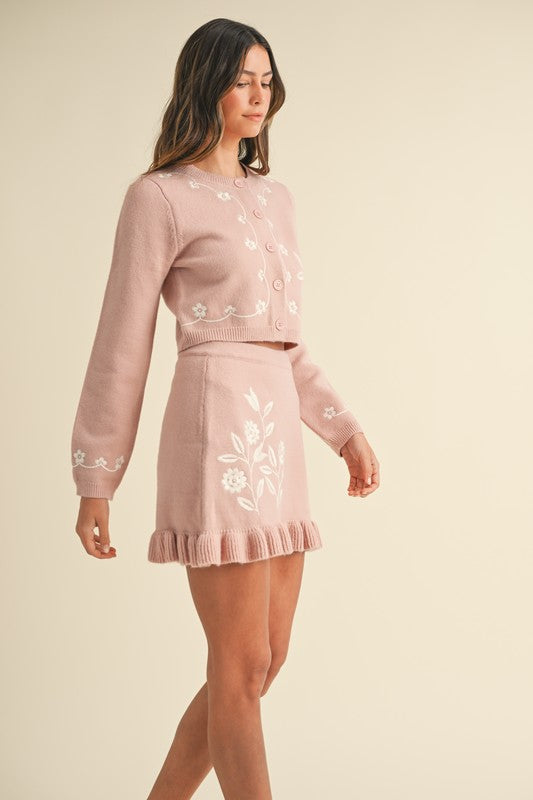 Georgia Embroidered Knit Cardigan & Mini Skirt Set