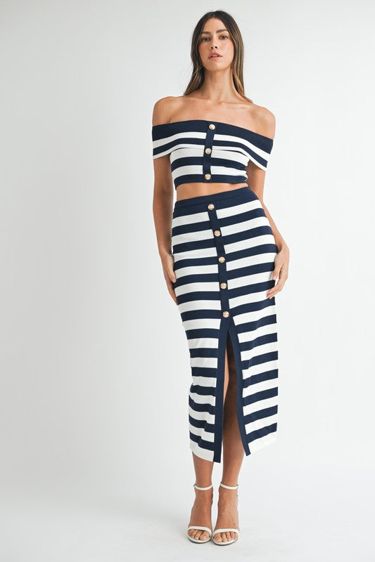 Maribella Knit Stripe Nautical Off The Shoulder Top & Midi Skirt Set