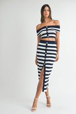 Maribella Knit Stripe Nautical Off The Shoulder Top & Midi Skirt Set