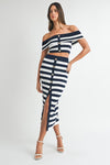 Maribella Knit Stripe Nautical Off The Shoulder Top & Midi Skirt Set