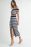 Maribella Knit Stripe Nautical Off The Shoulder Top & Midi Skirt Set