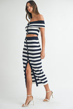 Maribella Knit Stripe Nautical Off The Shoulder Top & Midi Skirt Set
