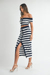 Maribella Knit Stripe Nautical Off The Shoulder Top & Midi Skirt Set