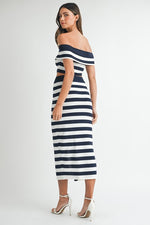 Maribella Knit Stripe Nautical Off The Shoulder Top & Midi Skirt Set