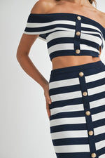 Maribella Knit Stripe Nautical Off The Shoulder Top & Midi Skirt Set