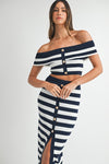 Maribella Knit Stripe Nautical Off The Shoulder Top & Midi Skirt Set