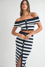 Maribella Knit Stripe Nautical Off The Shoulder Top & Midi Skirt Set