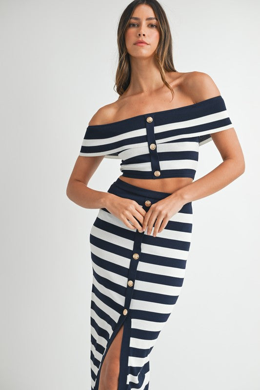 Maribella Knit Stripe Nautical Off The Shoulder Top & Midi Skirt Set