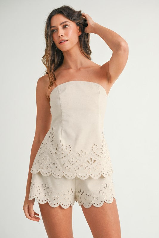 Lee Linen Strapless Embroidered Top & Shorts Set