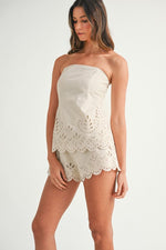 Lee Linen Strapless Embroidered Top & Shorts Set