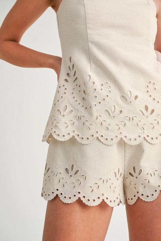Lee Linen Strapless Embroidered Top & Shorts Set