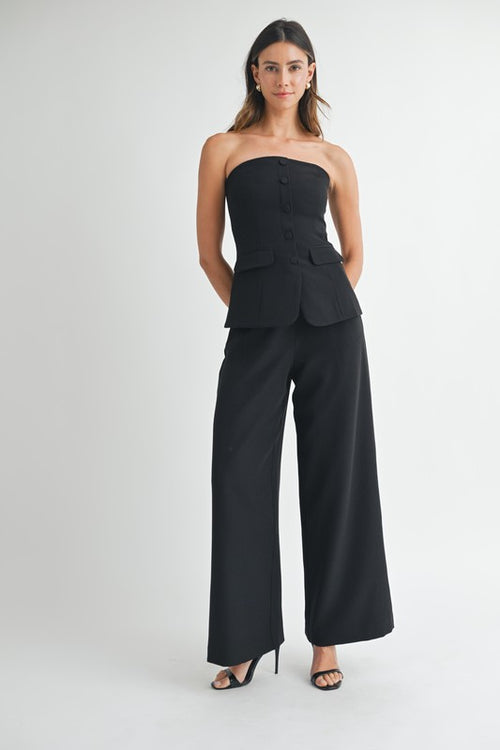 Austyn Crepe Strapless Button Down Top & Pants Set - Black