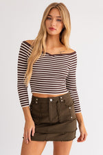 Cornellia Striped RIbbed Off The Shoulder Sweater Top
