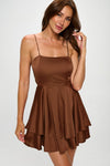 Seline Satin Square Neck Mini Ruffle Dress - Brown