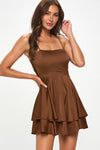 Seline Satin Square Neck Mini Ruffle Dress - Brown