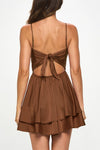 Seline Satin Square Neck Mini Ruffle Dress - Brown