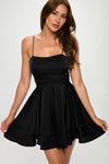 Seline Satin Square Neck Mini Ruffle Dress - Black