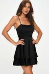Seline Satin Square Neck Mini Ruffle Dress - Black