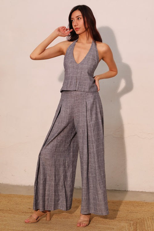 Mackenzie Linen Plaid Halter Tie Back Top & Pants Set