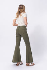 Colleen Bell Bottom Distressed High Waisted Jeans -Olive