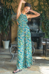 Quincy Open Back Smocked Jumpsuit - Teal/Print