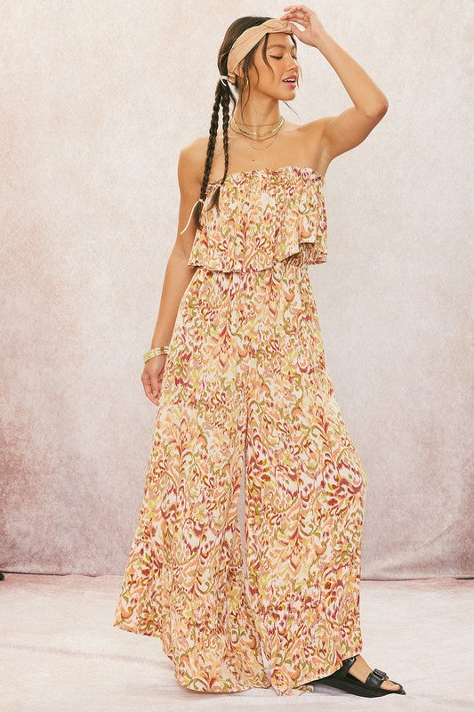 Bianca Printed Ruffle Jumpsuit - Coral Print - BEST SELLER