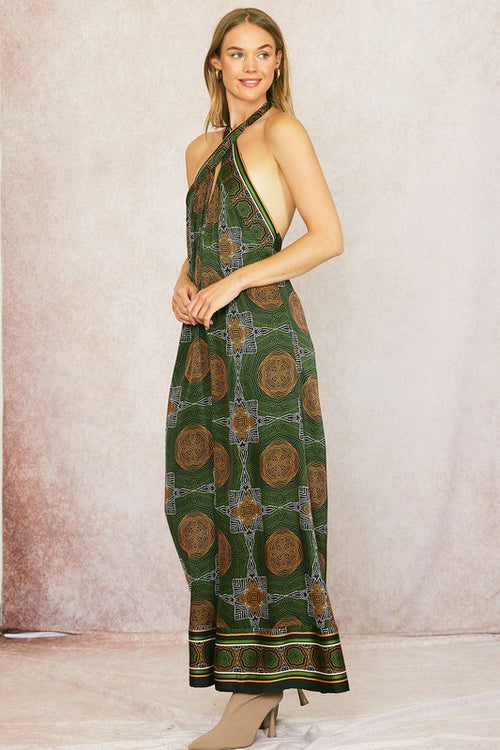 Rayalynn Cross Over Halter Neck Wide Leg Jumpsuit - Olive/Camel