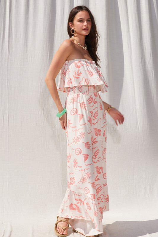 Bianca Strapless Jumpsuit with Ruffle Hem - Cream/Blush