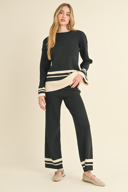 Meda Knit Contrast Long Sleeve Top & Pant Set