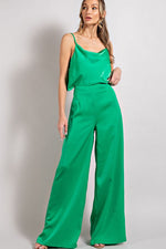 Sybil Satin Cowl Neck Top And Wide Leg Pants Set - Green