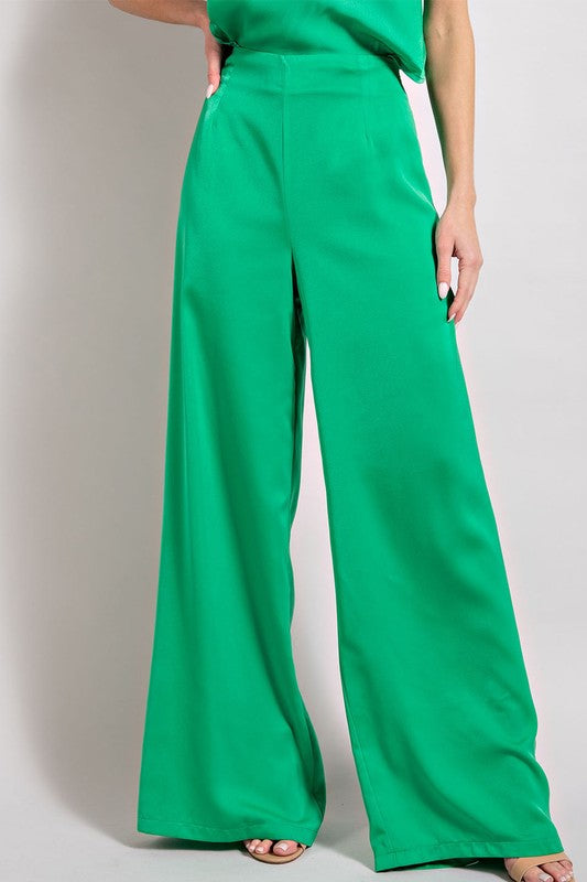 Sybil Satin Cowl Neck Top And Wide Leg Pants Set - Green