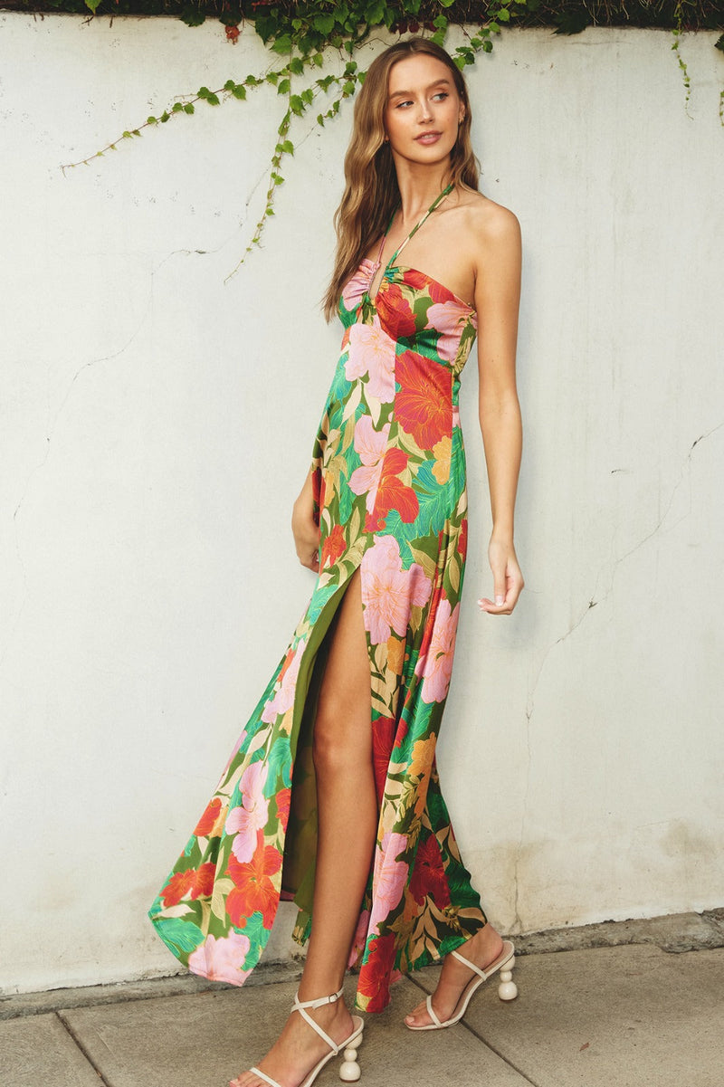Bridgette Halter Side Slit Maxi Dress - Floral